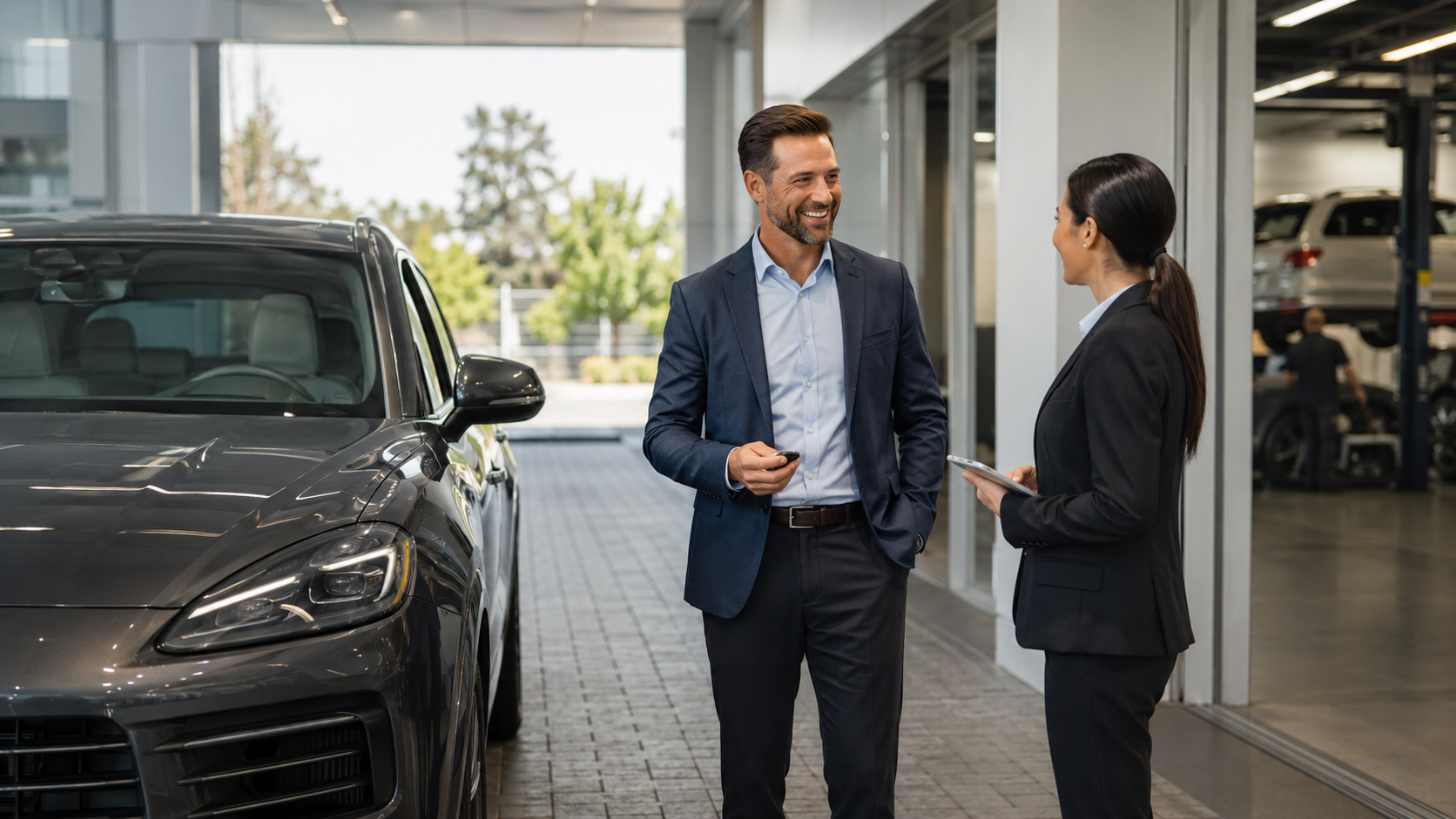 Returning customer speaking with a service advisor at a luxury dealership