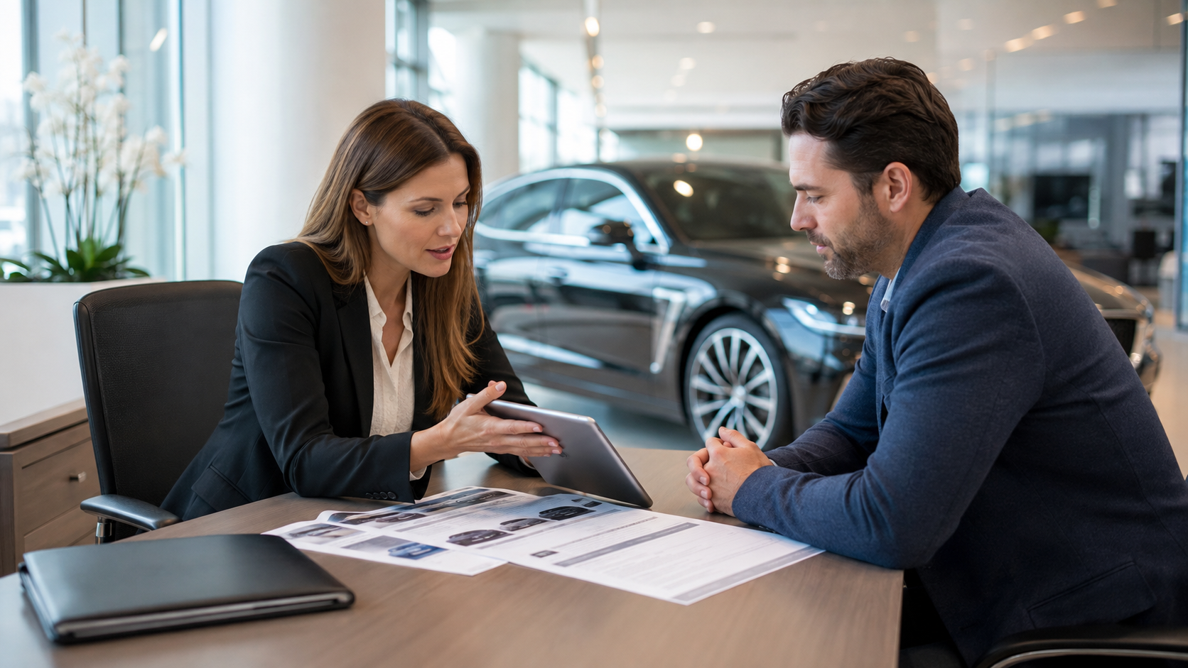 F&I manager reviewing vehicle protection plans with a customer