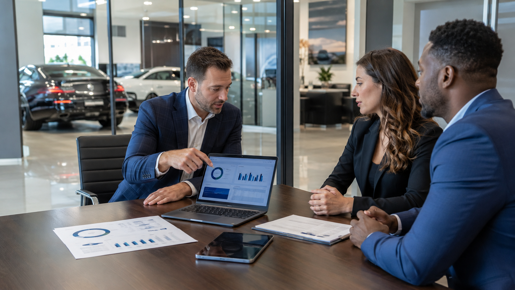 Dealership F&I team reviewing vehicle service contract options