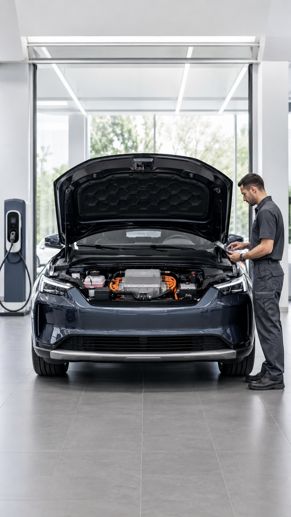 EV technician inspecting a luxury electric SUV battery system with a diagnostic tablet in a dealership service bay.