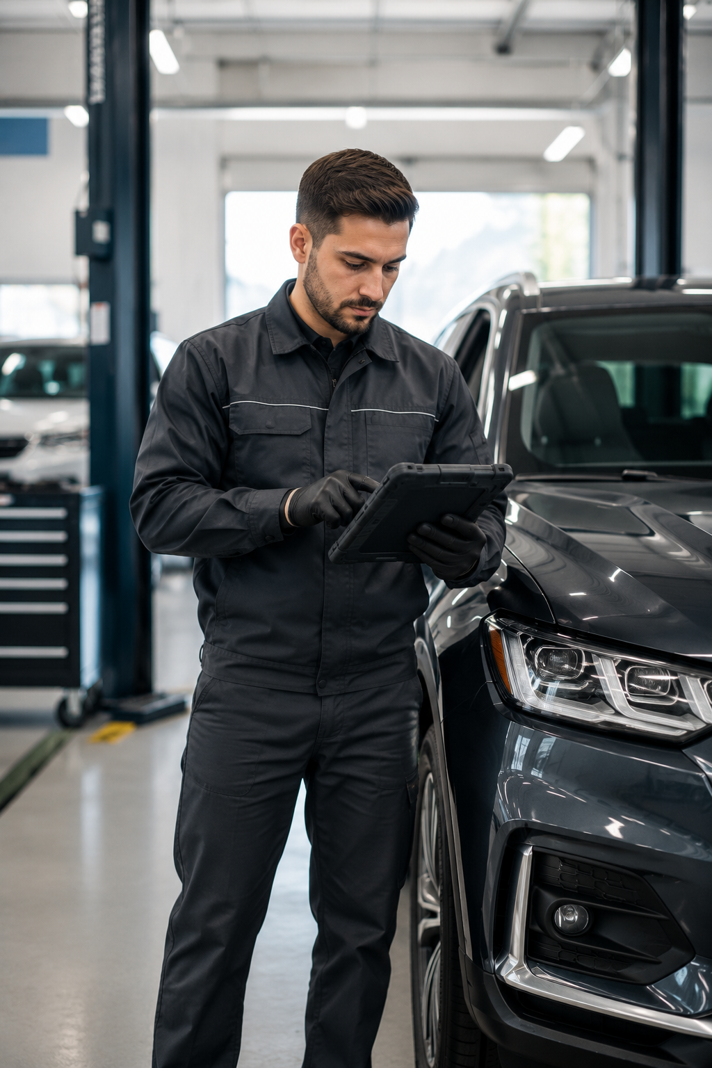 Technician performing vehicle diagnostics with a tablet.
