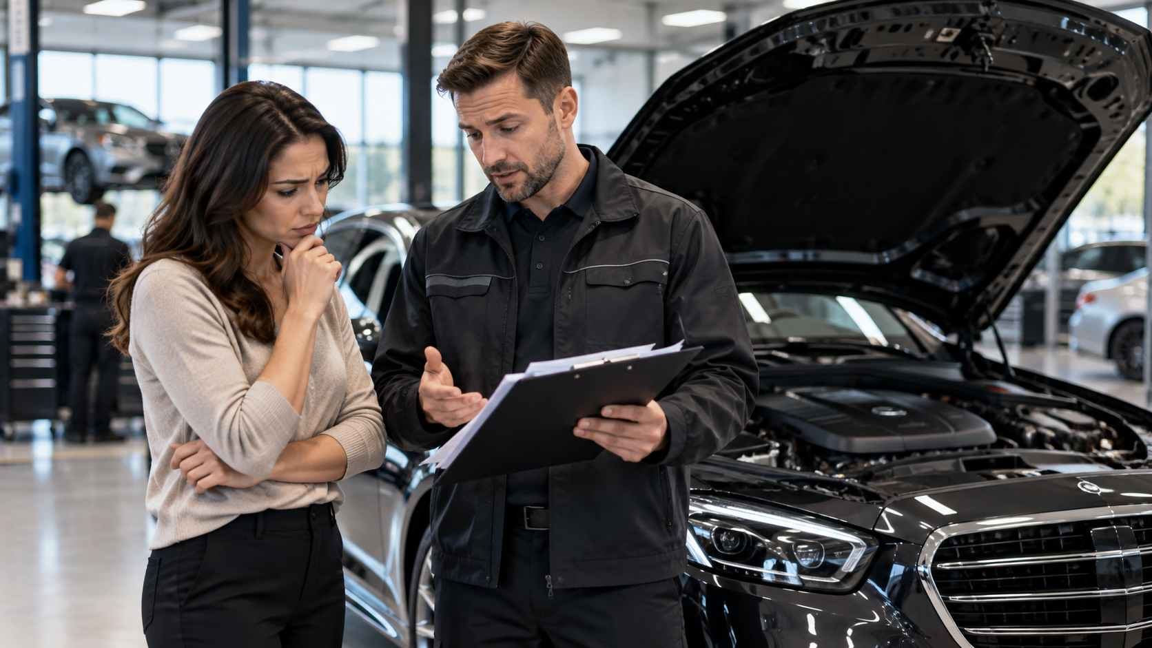 Car owner discussing a denied extended warranty claim with a service advisor.