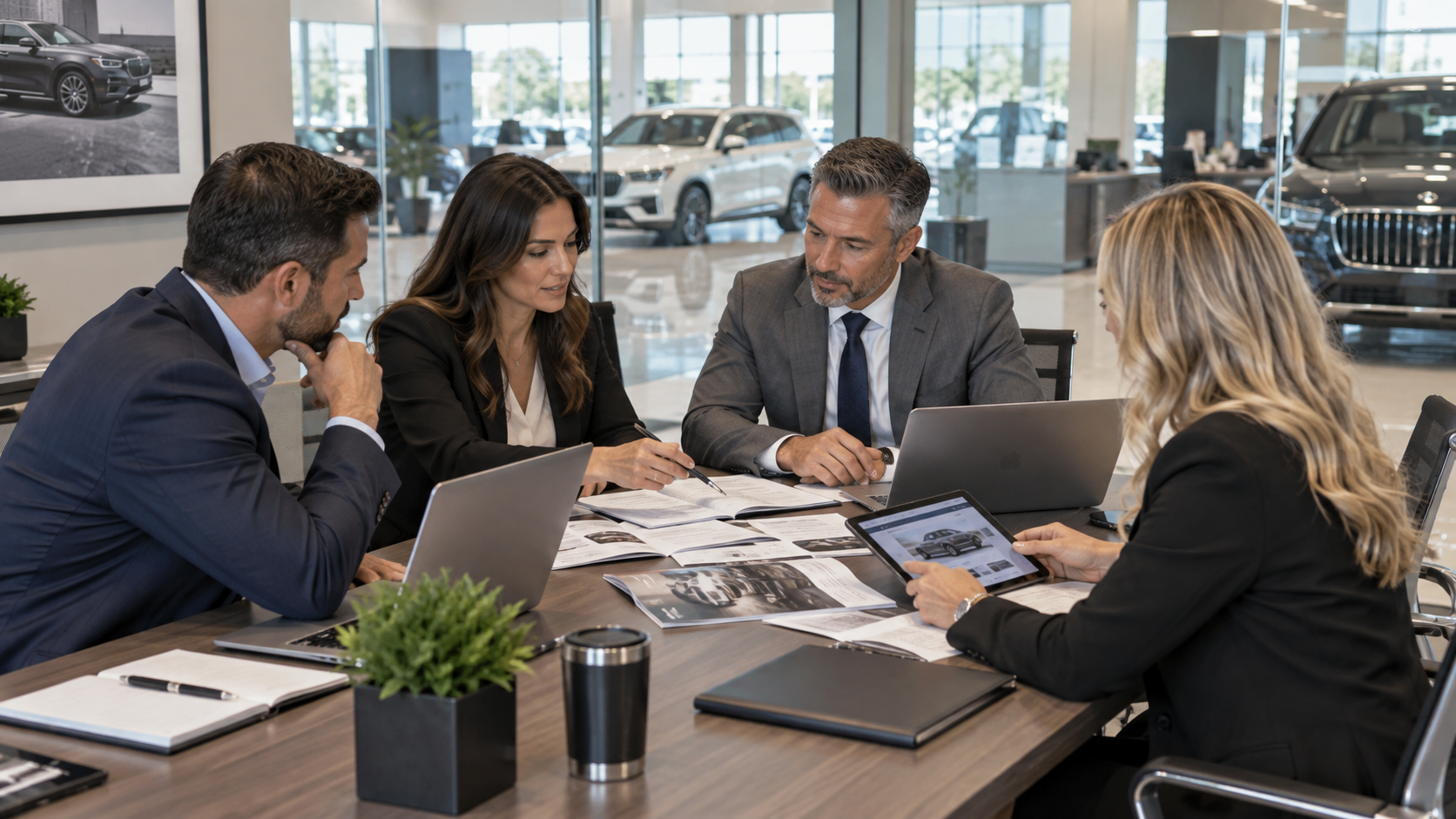 Dealership team reviewing F&I vehicle service contracts