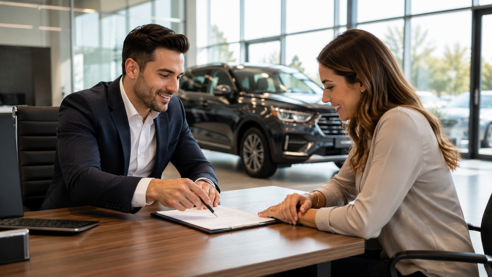 F&I manager reviewing GAP coverage options with a customer during the vehicle purchase process.