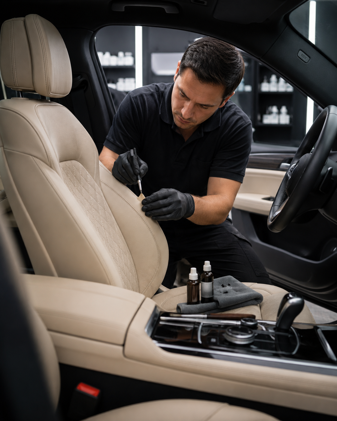 Detailing specialist cleaning beige car seat interior with tools inside a luxury vehicle