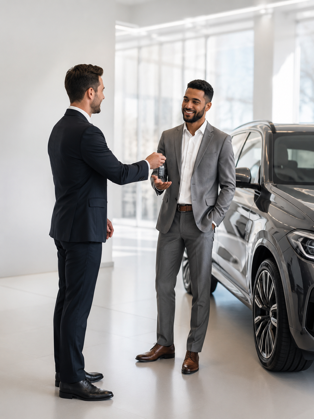 Dealership representative handing a smart key fob to a customer beside a luxury SUV.