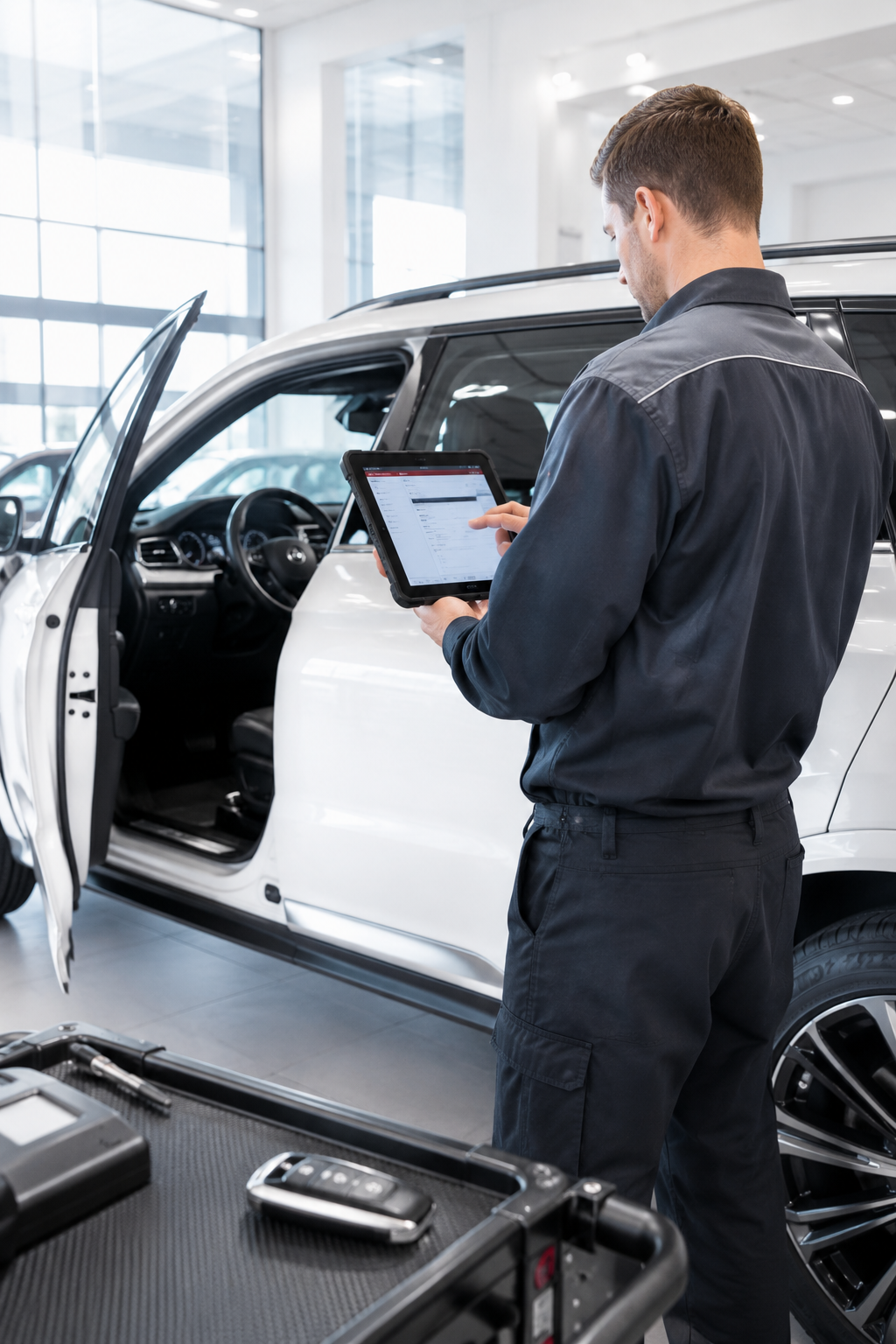 Technician programming a smart key fob for a luxury SUV using a diagnostic tablet.