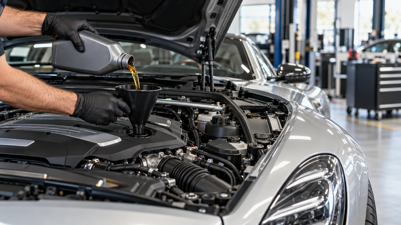 Technician adding engine oil to a luxury car.