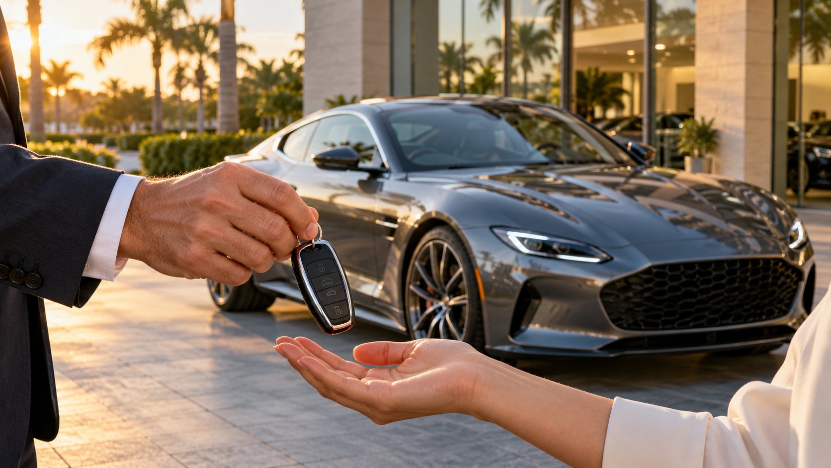Luxury car owner handing keys to a new buyer.