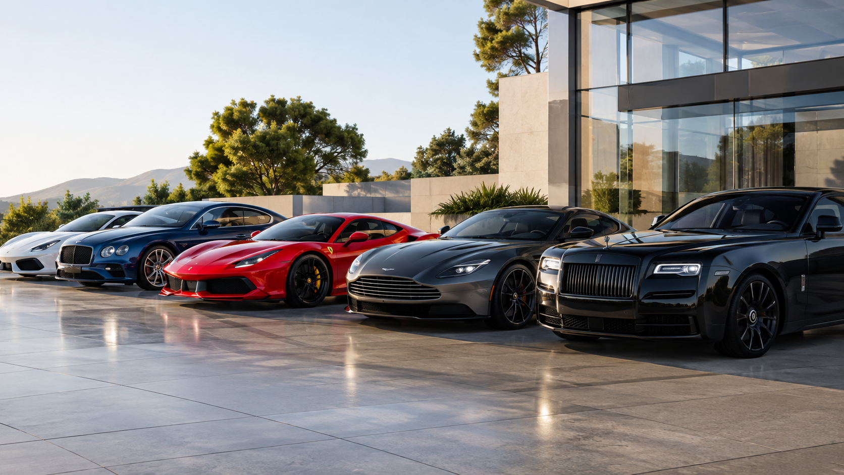 Lineup of luxury and exotic vehicles