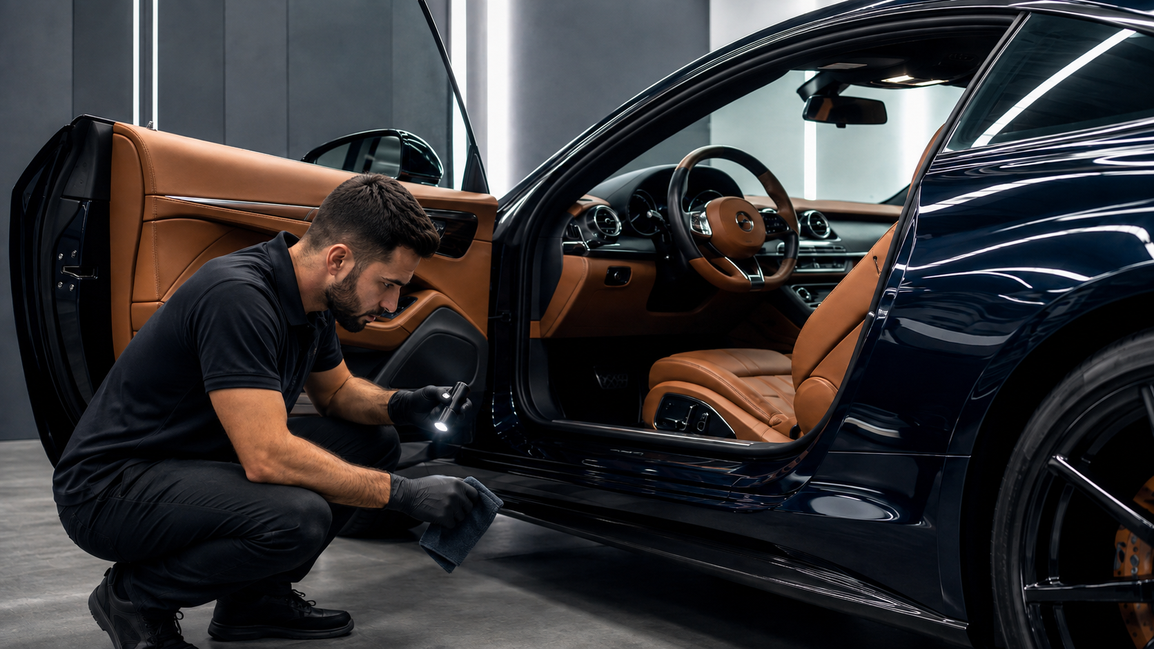Technician inspecting luxury car exterior and interior surfaces
