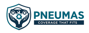 Pneumas logo with shield, gears, and the tagline “Coverage That Fits” in teal and navy blue