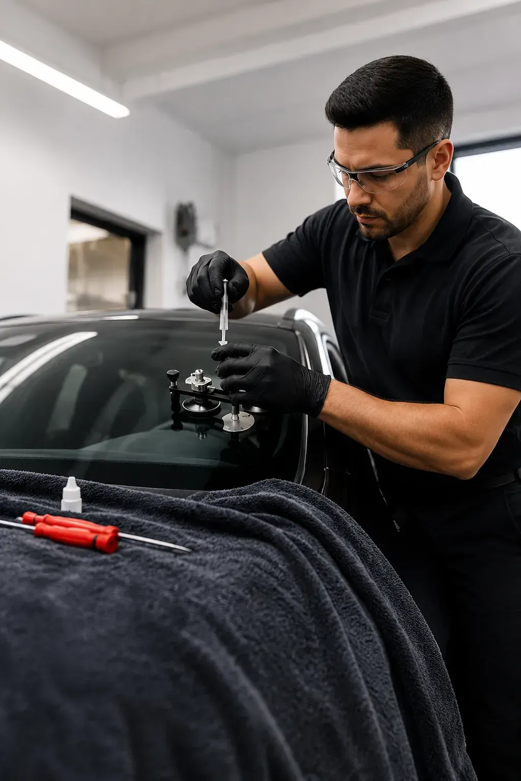 Technician repairing a windshield chip on a luxury SUV with a resin injector.