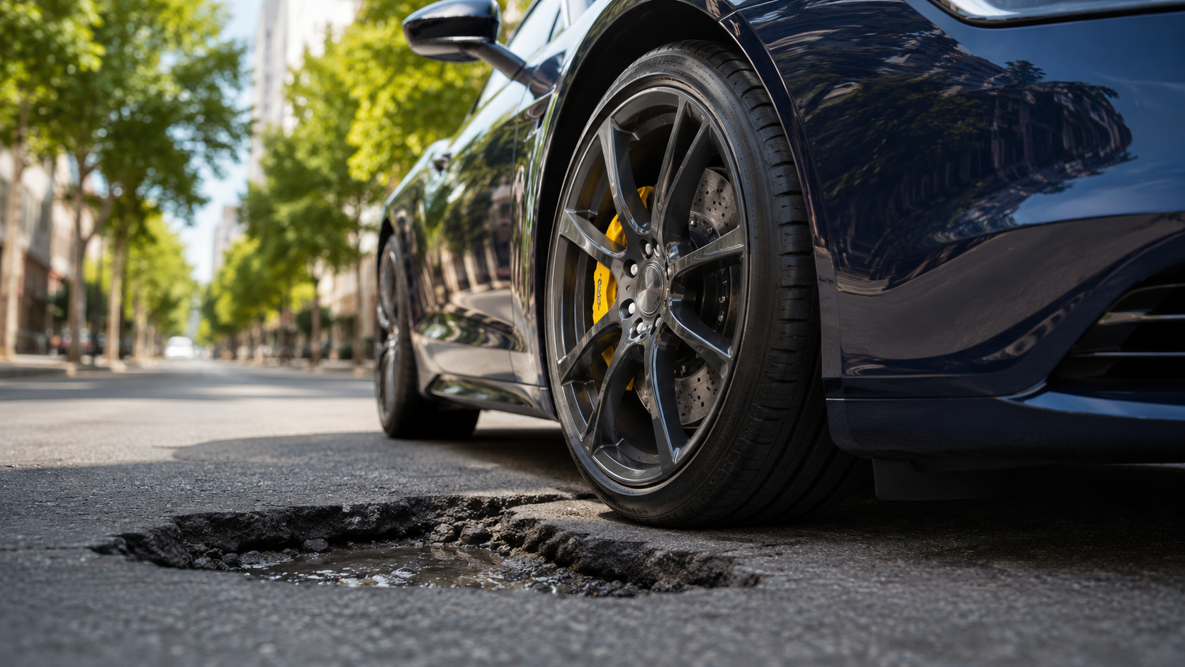 Luxury car tire beside a pothole on a city street