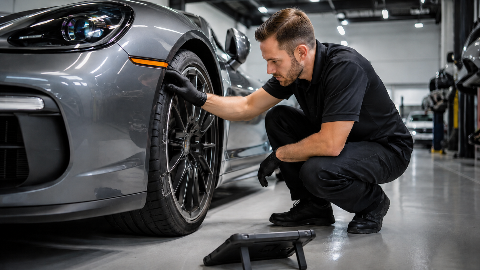 Technician inspecting a luxury car tire for road hazard damage