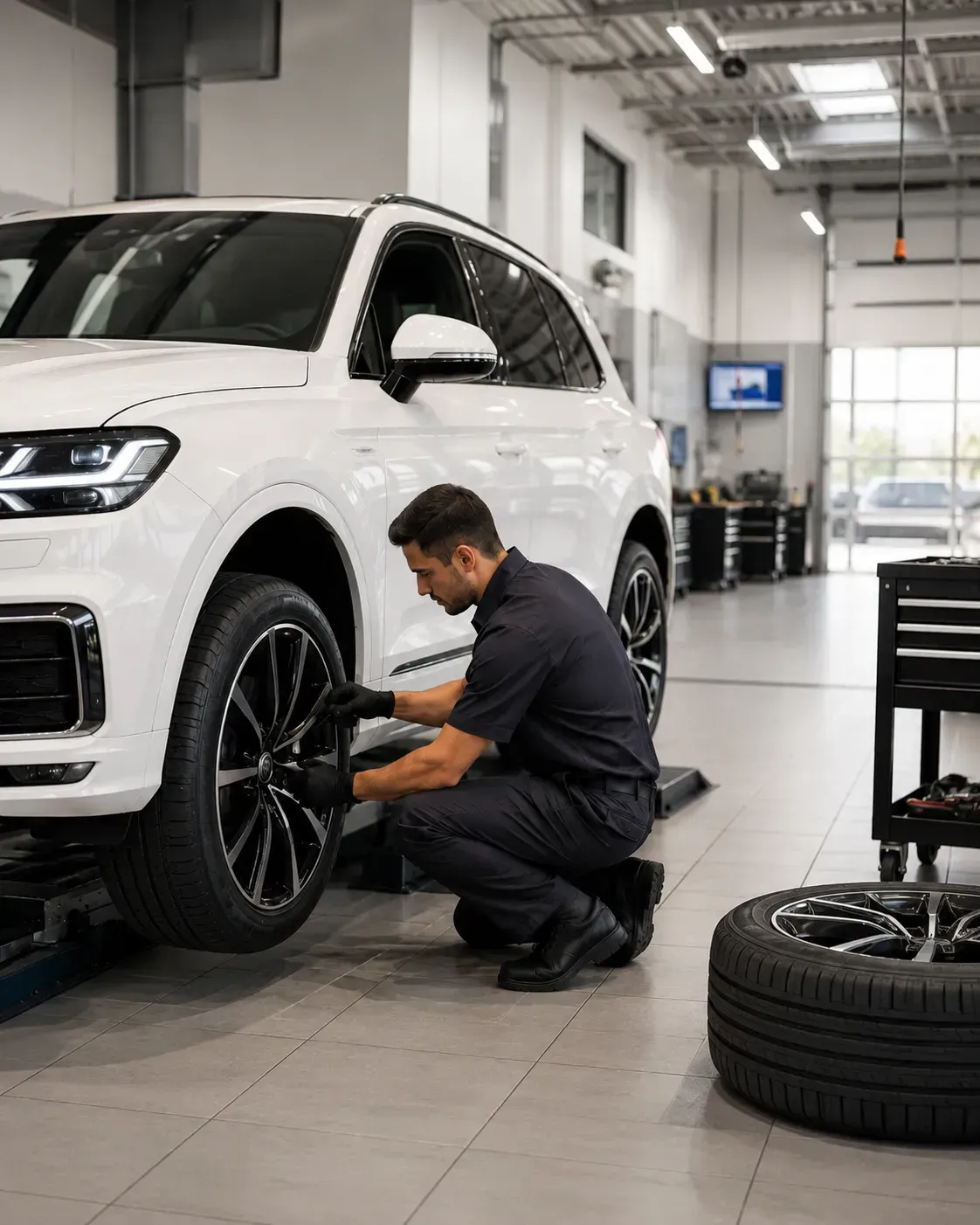 Technician replacing a luxury SUV tire in a modern dealership service center.