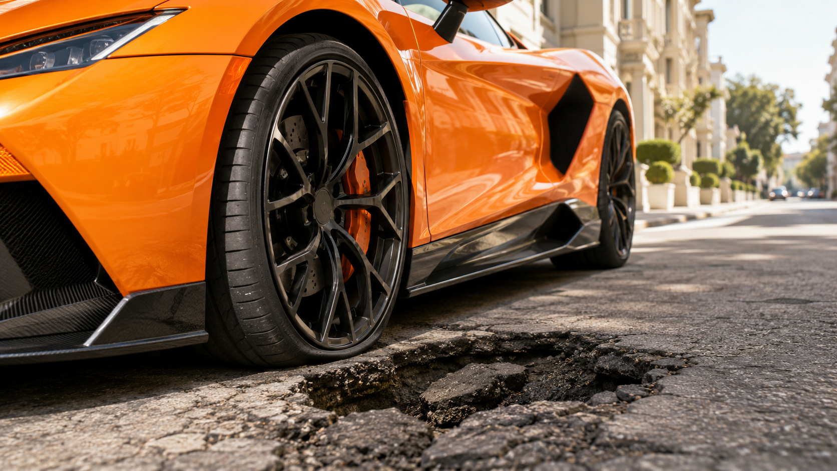 Luxury exotic car tire beside a pothole on a city street