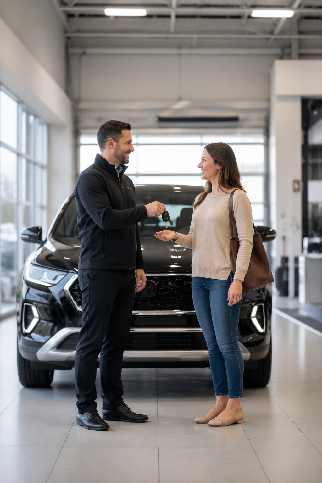 Service advisor handing vehicle keys to a customer after a covered repair through a vehicle service contract.