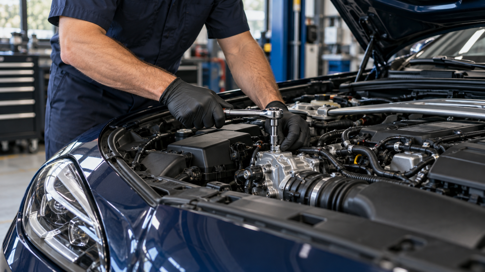 Technician using a socket wrench to repair a luxury car engine.