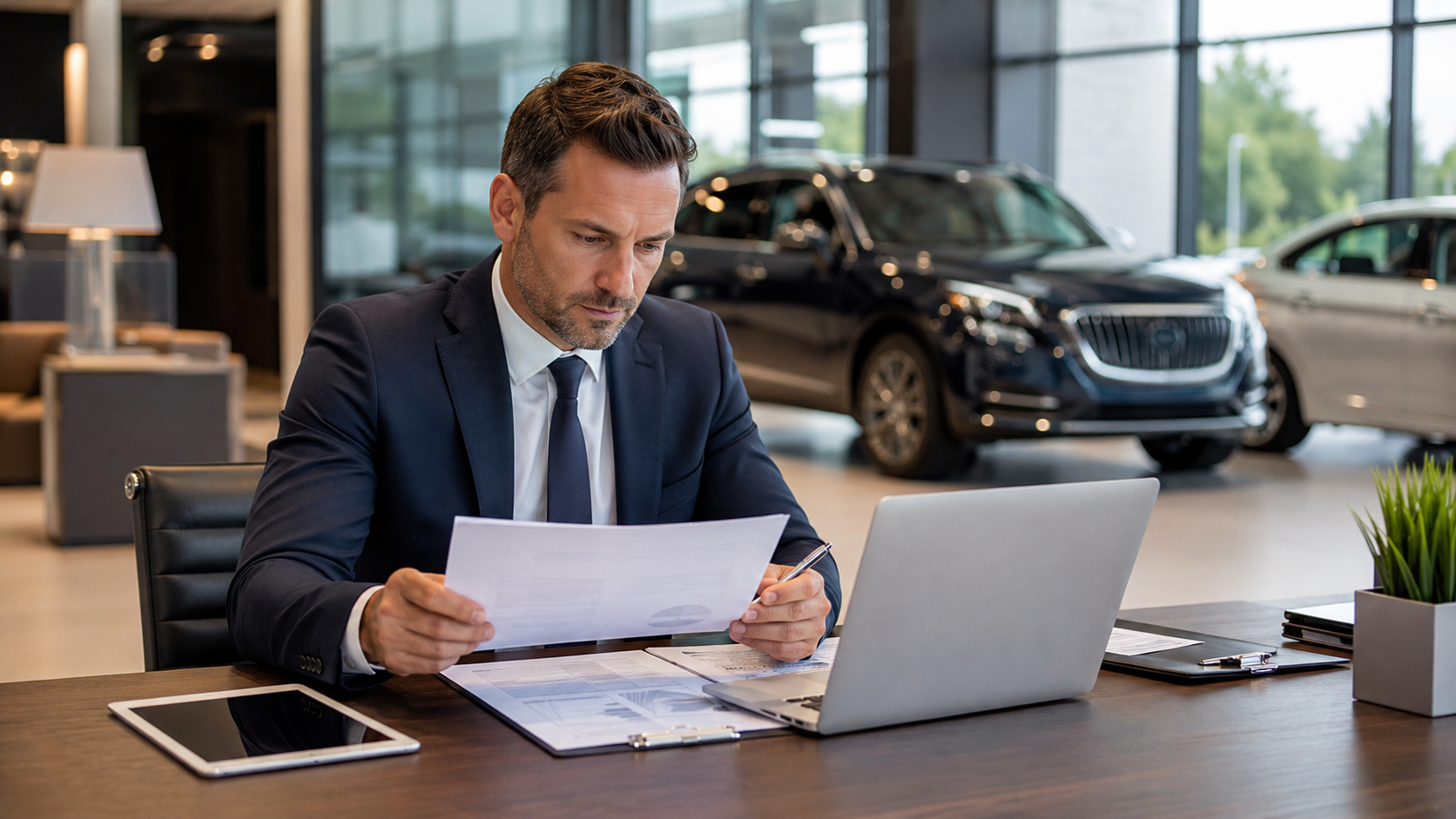 Dealership manager reviewing vehicle service contract provider options