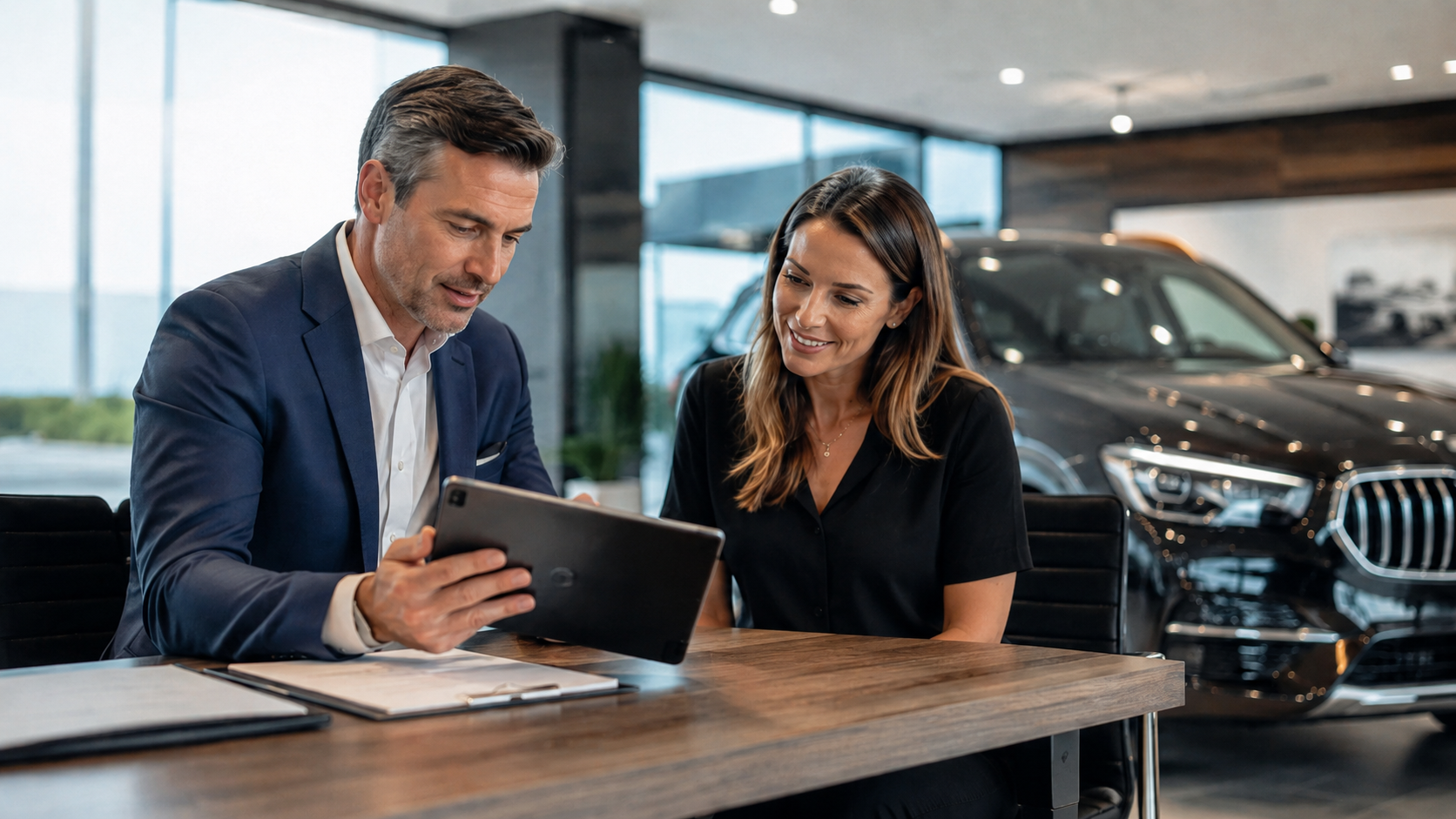 Dealership F&I manager reviewing vehicle service contract options with a customer