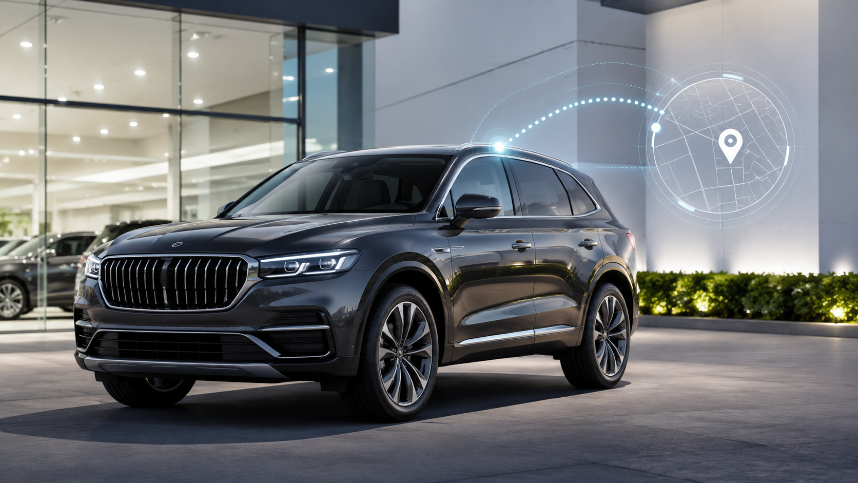 Modern SUV protected by a vehicle theft protection system with GPS tracking technology.