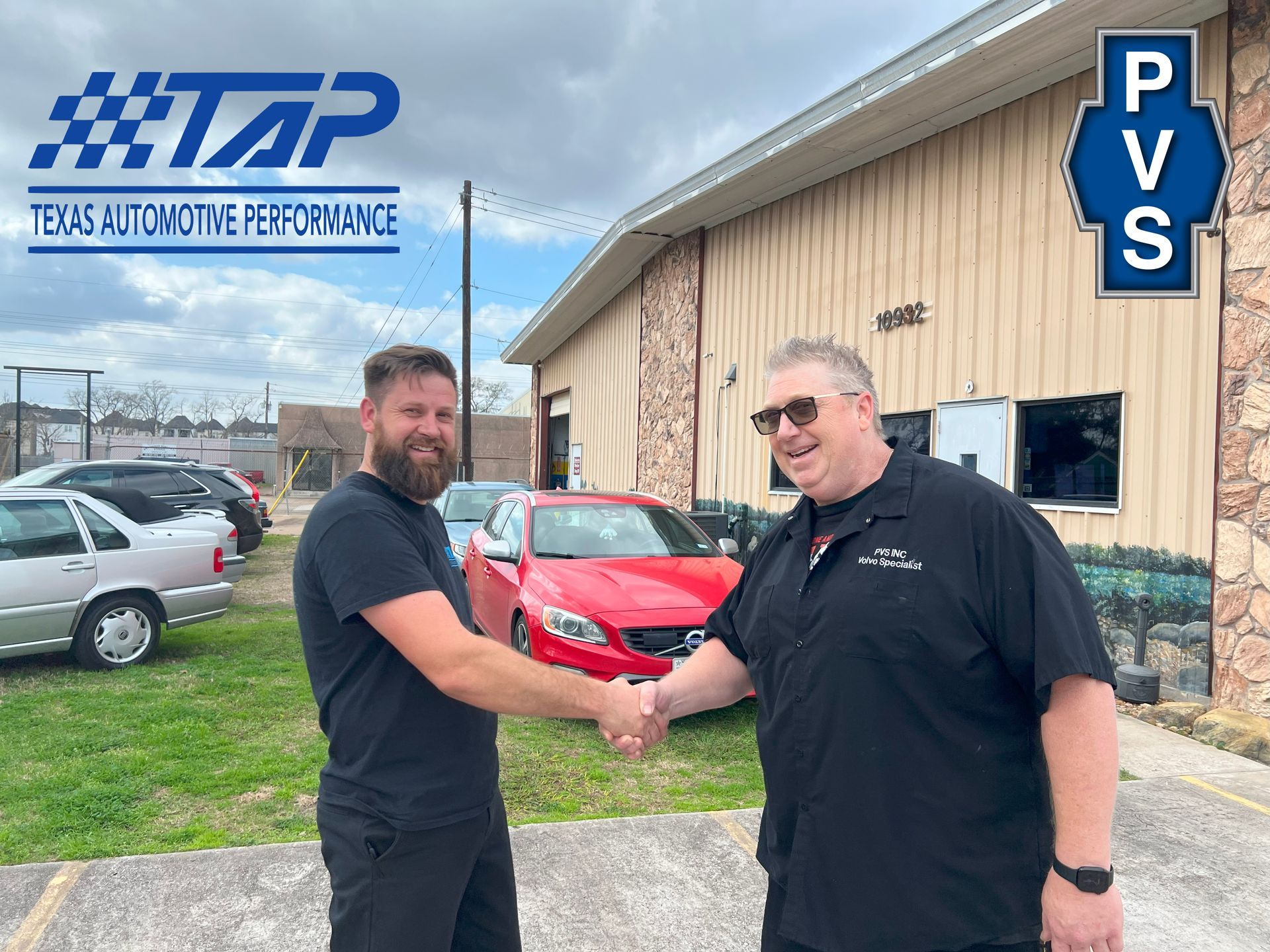 TAP owner and PVS owner are shaking hands in front of a building.