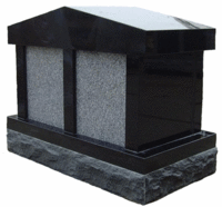 Black granite cemetery tombstone with a pitched roof and gray side panels