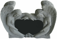 Two gray stone angels framing a black heart-shaped space