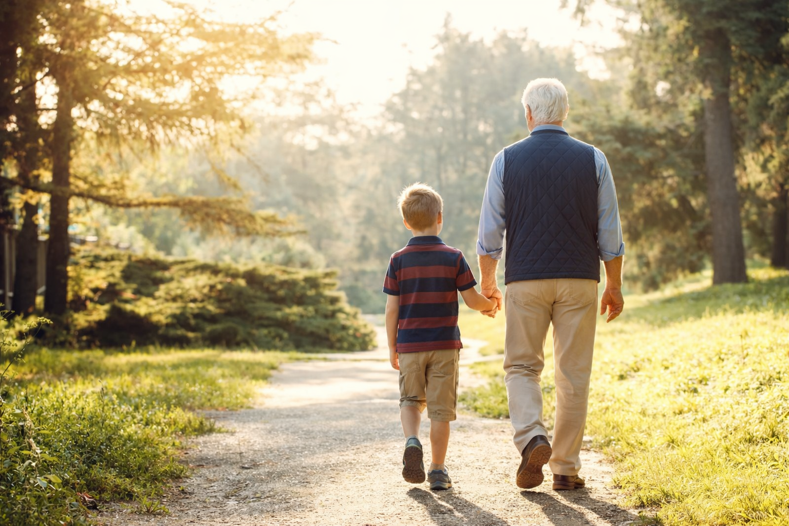 Two people walking hand in hand on a sunlit park path