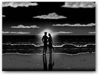 Two silhouetted figures stand on a beach at sunset, facing the ocean and reflection on wet sand.