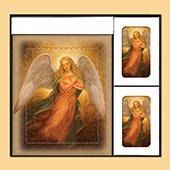 Framed angel artwork set with one large gold-toned print and two smaller matching prints on the right
