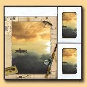Framed collage of a sunset seascape with a small boat and two smaller matching prints