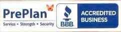 PrePlan logo with BBB Accredited Business badge on white background