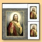 Framed portrait of Jesus with two smaller matching images on a light background