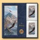 Blue and white mountain-themed stationery set with matching envelope and two cards