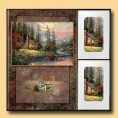 Framed landscape art collage with two scenic prints and a larger rustic nature painting