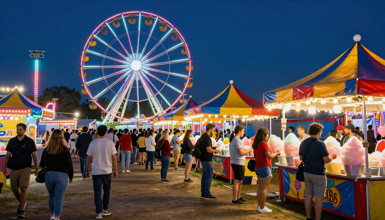 Vibrant fairground lights at night in Juab County
