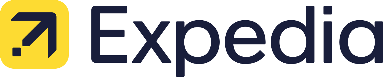 Expedia logo with a yellow square and upward arrow. The text is in dark blue.