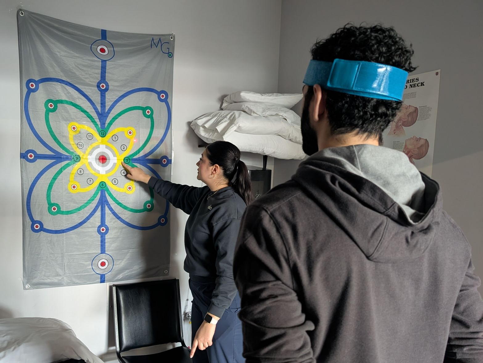 A man is wearing a posture corrector on his back.