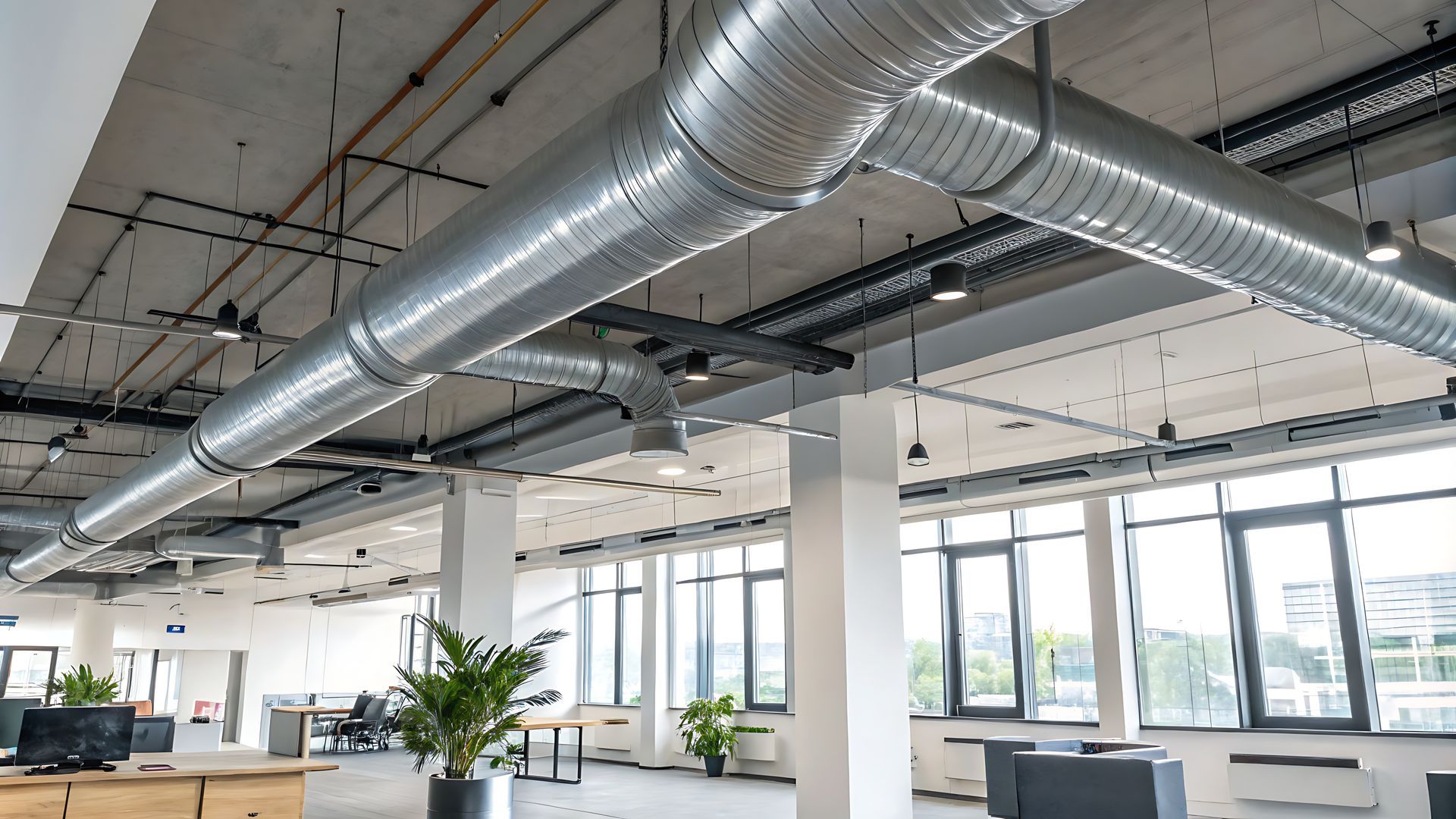 Bureau moderne à aire ouverte avec de grandes fenêtres, des conduits apparents, des bureaux et une plante en pot.