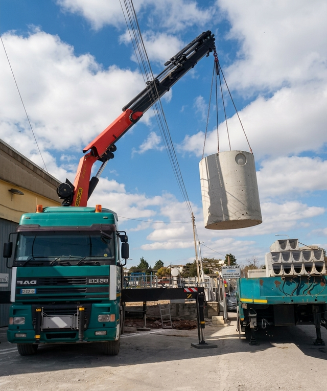 Una gru carica una grande cisterna di cemento su un camion in un piazzale industriale sotto un cielo nuvoloso.