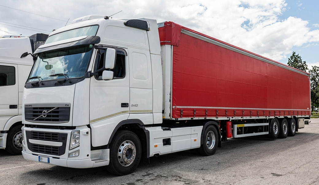 Un camion Volvo bianco con rimorchio rosso parcheggiato in un piazzale sotto un cielo nuvoloso.