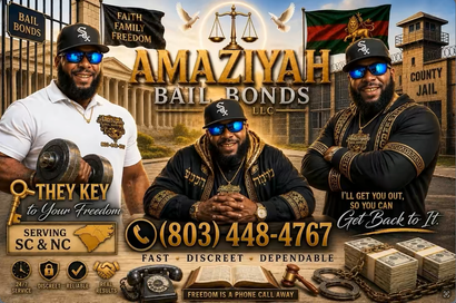 Promotional flyer for “Amaziyah Bail Bonds” with two men, gold text, and a phone number on a collage-style background