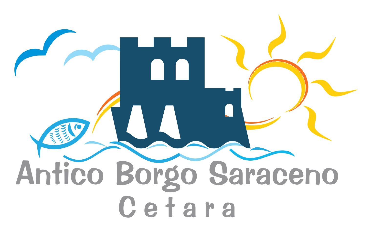 Logo per Antico Borgo Saraceno Cetara con edificio blu, pesce e sole giallo.