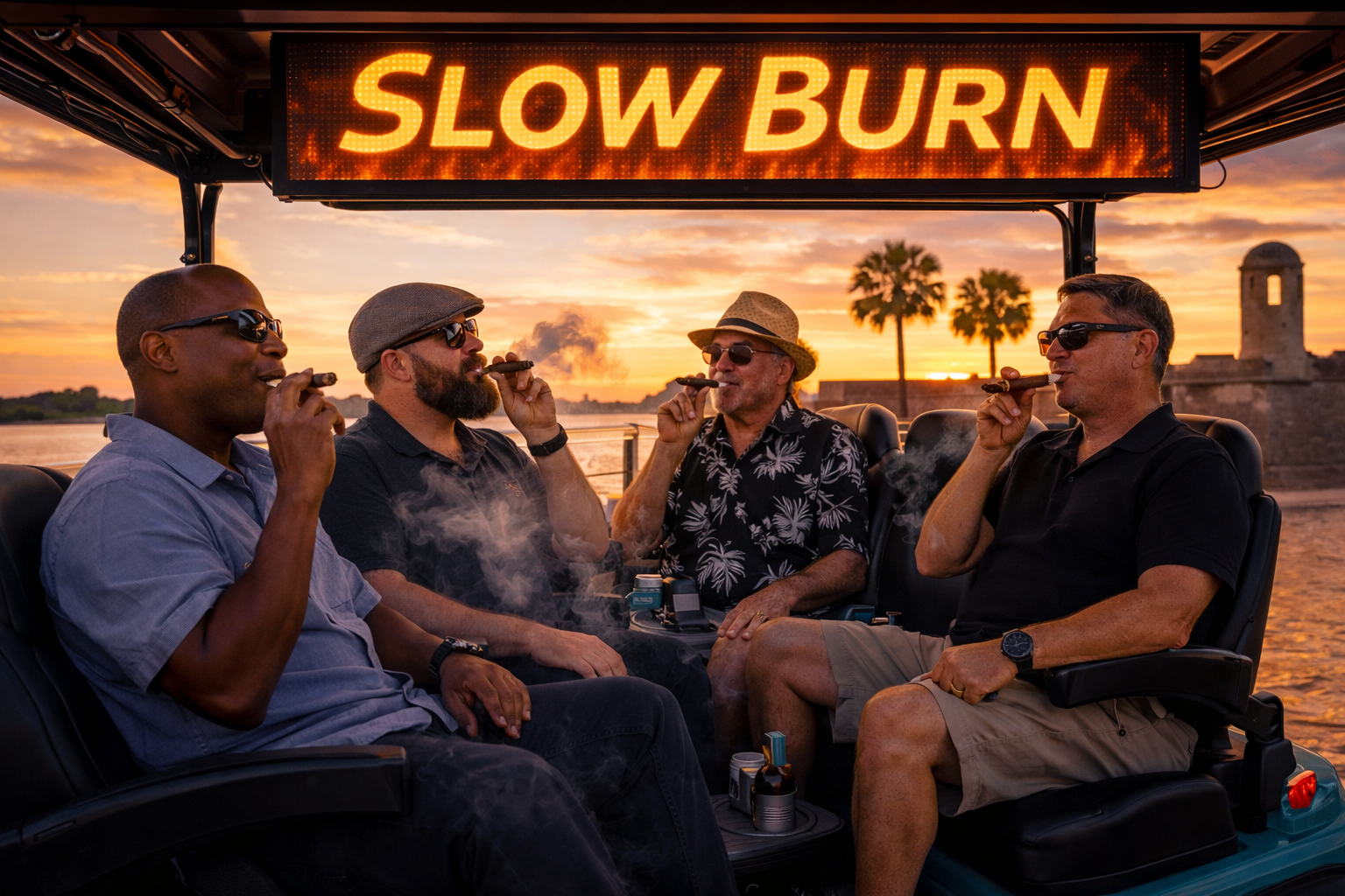 Golf cart with passengers in front of a brightly lit house at night.