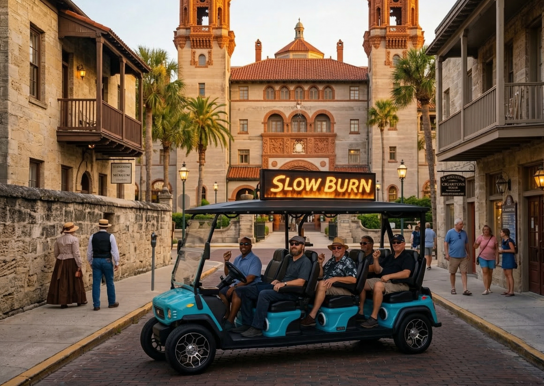 Golf cart with blue underglow parked in front of a house decorated for Christmas.