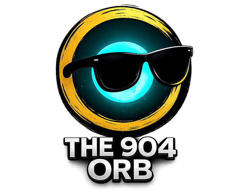 Logo: Sunglasses overlaid on a blue orb, encircled by a gold crescent; text