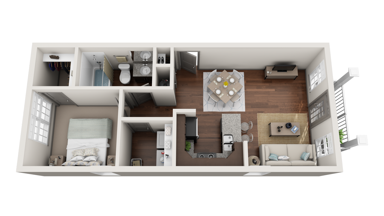 2 Bed 2 Bath Floor Plan with Carpet and Wood Flooring
