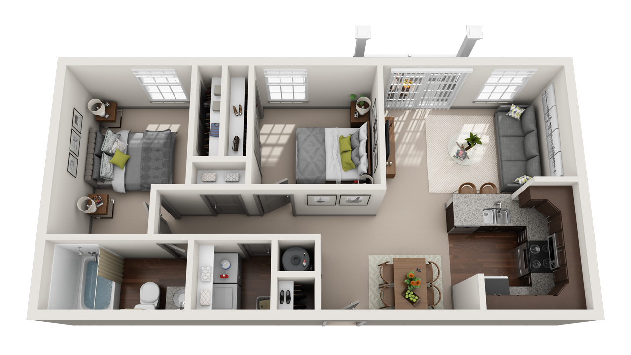 2 Bed 2 Bath Floor Plan with Carpet and Wood Flooring